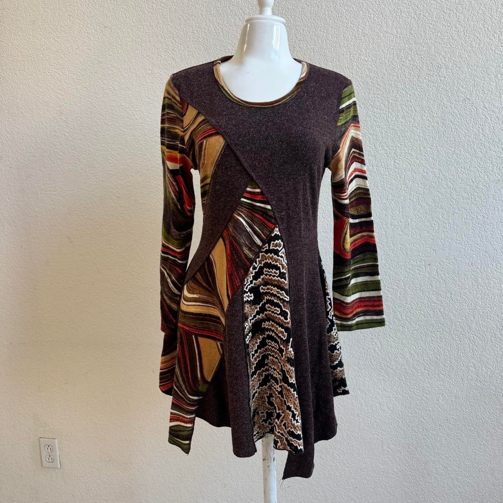 Adore multi-colored abstract long sleeve asymmetrical dress size L